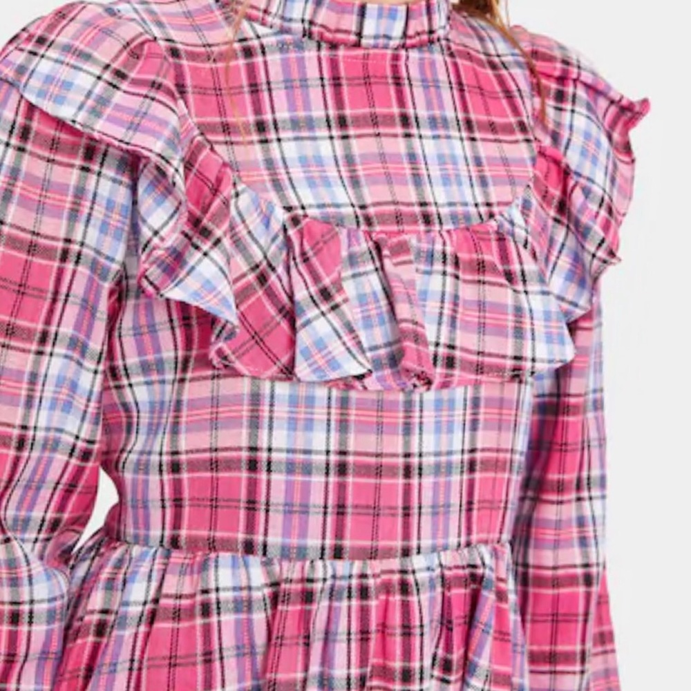 Girls Mock Neck Ruffle Embellished Plaid Dress - Picture 4 of 5